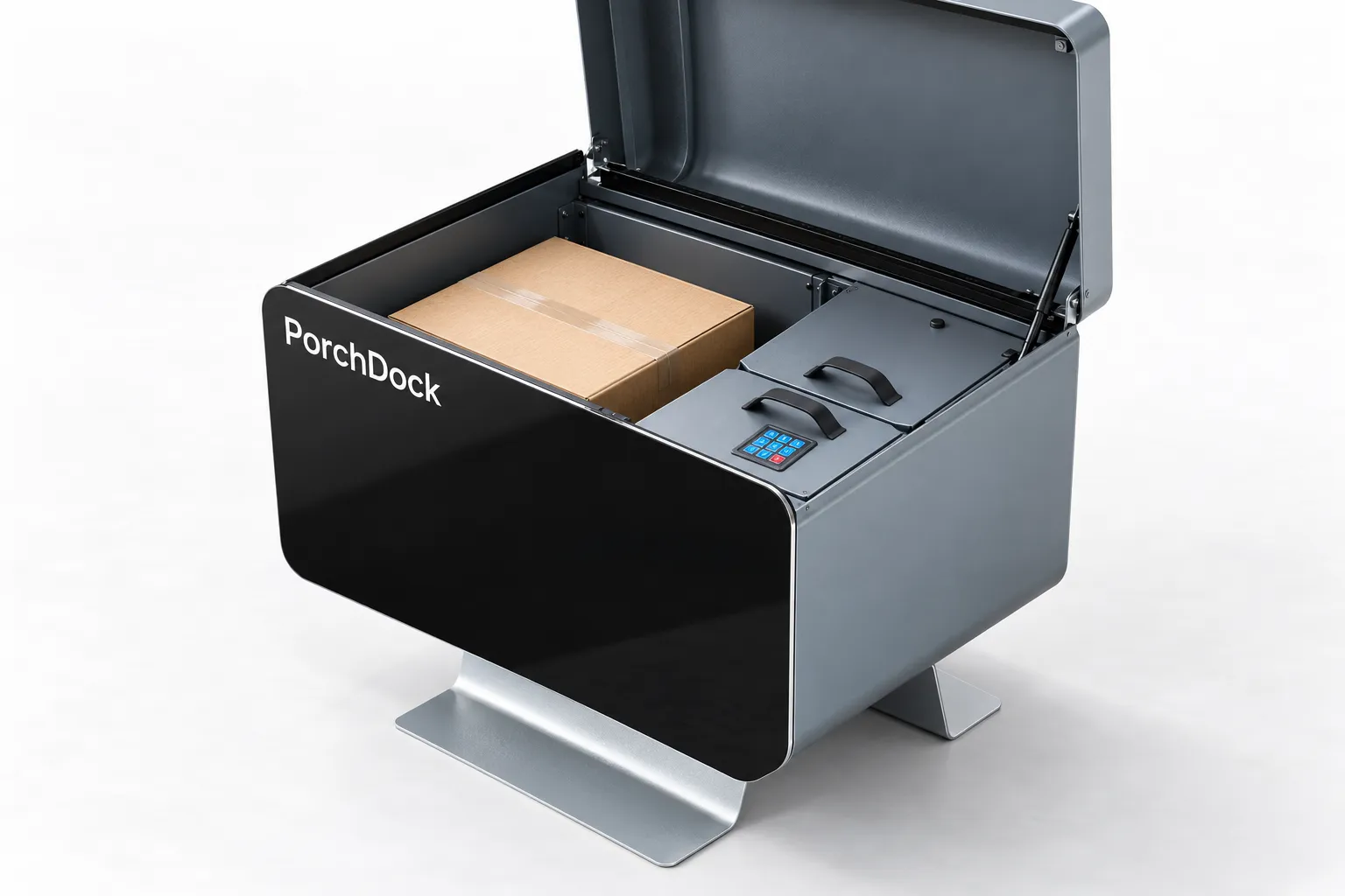 PorchDock with the lid open, showing a parcel in the main bay and two keypad compartments