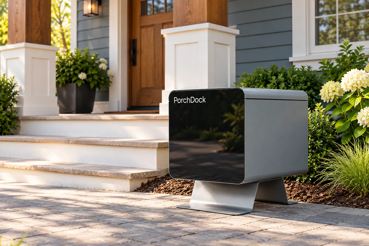 PorchDock parcel box standing at the front steps of an American craftsman home