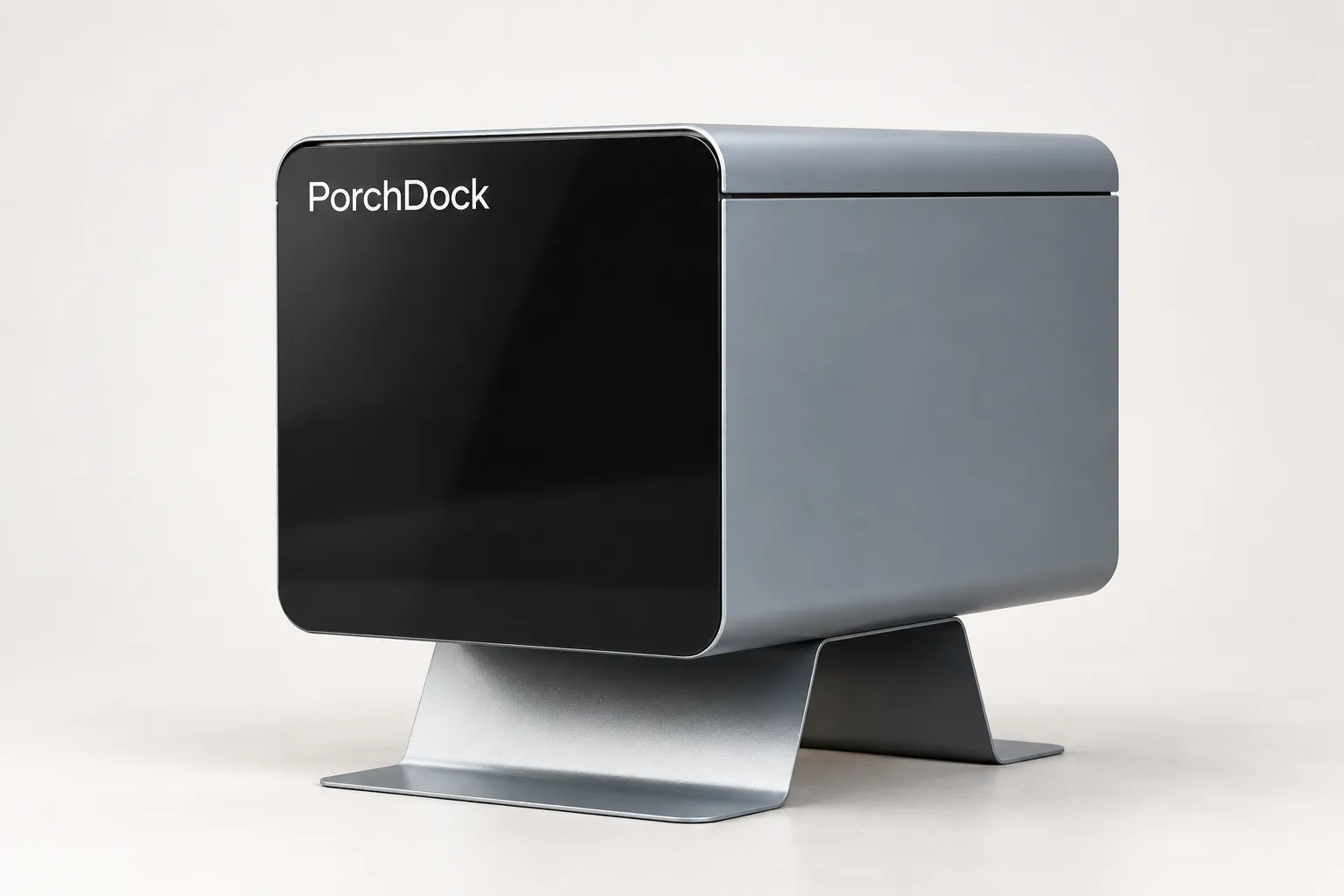 PorchDock with glossy black front panel and brushed aluminum stand